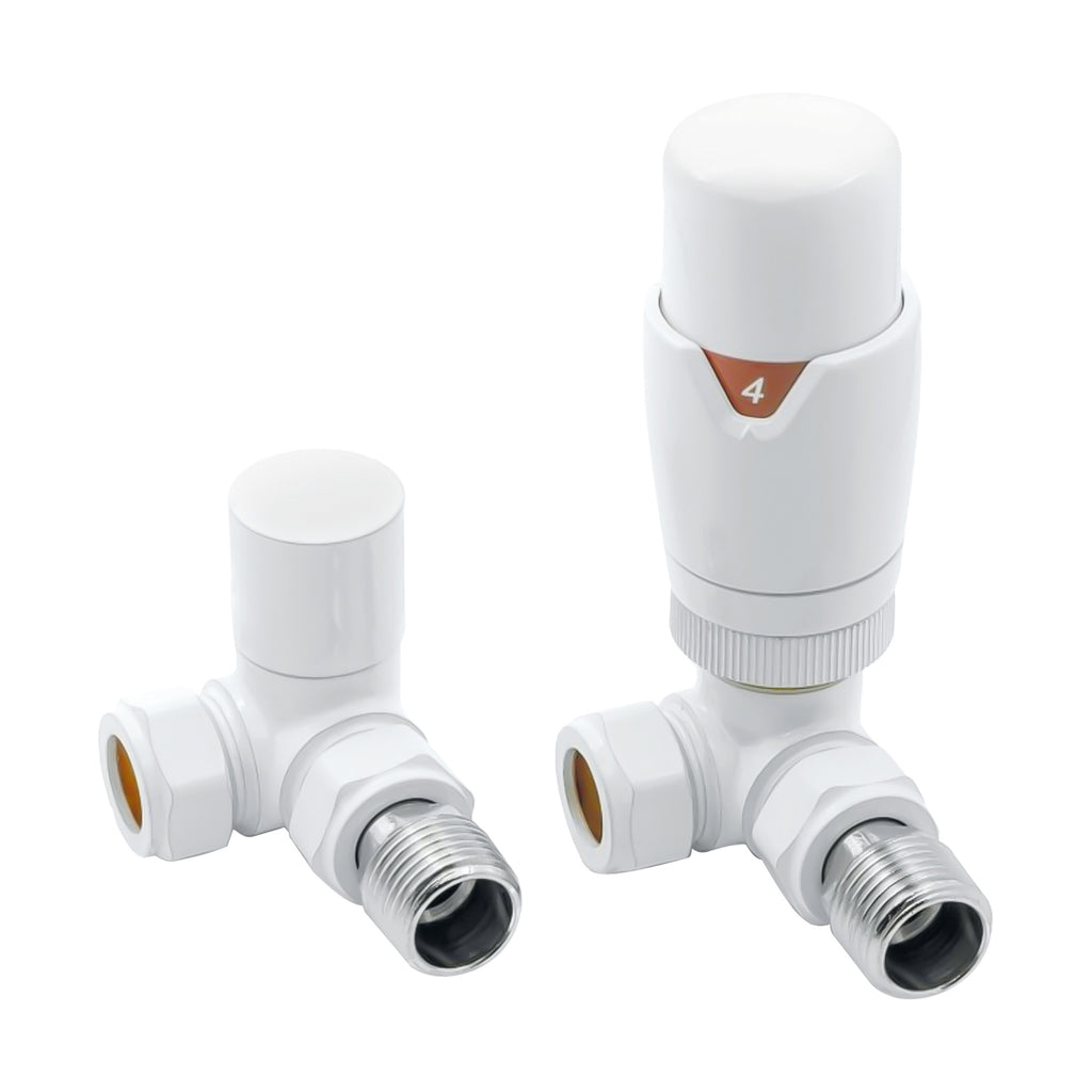 White Thermostatic Corner Radiator Valve 15mm & R 1/2" with Lockshield for Energy-Efficient Heating