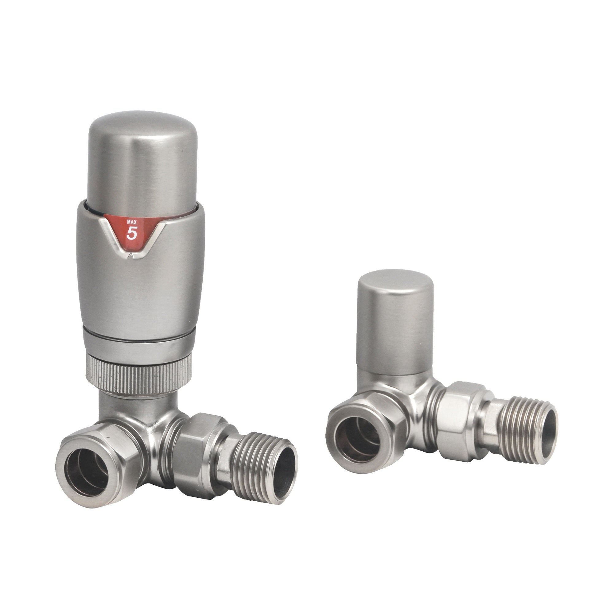 FNX Brushed Nickel Thermostatic Radiator Valve (TRV) Corner - 15mm x 1/2" with Lockshield