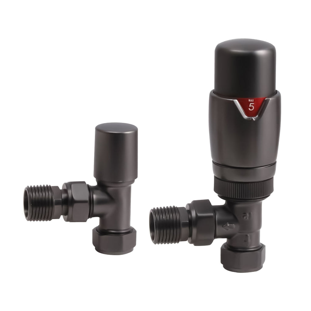 Gunmetal Angled Thermostatic Radiator Valve & Lockshield Set - 15mm x 1/2" BSP Connection