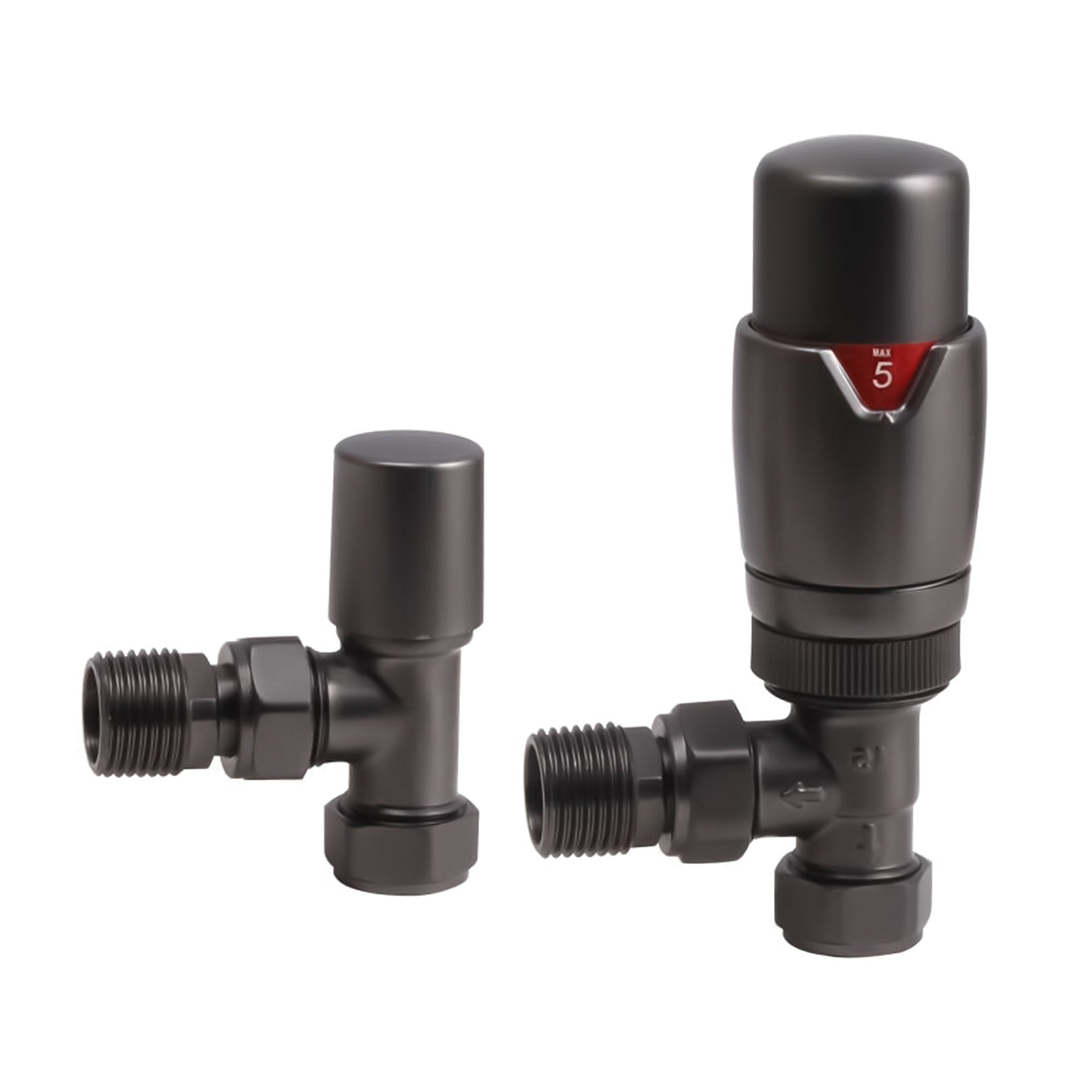 Gunmetal Angled Thermostatic Radiator Valve & Lockshield Set - 15mm x 1/2" BSP Connection