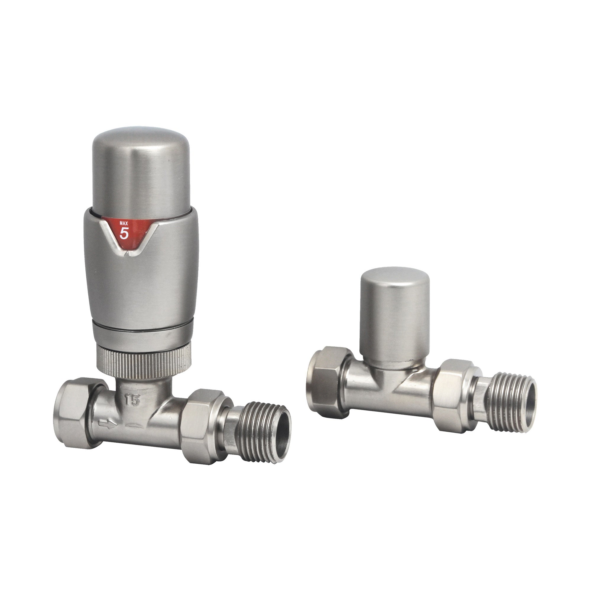 Brushed Nickel Thermostatic Radiator Valve (TRV) Straight 15mm x 1/2" with Lockshield for Efficient Heating