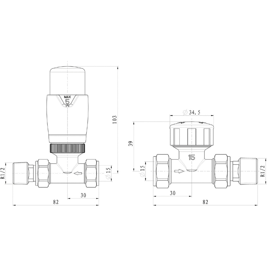 Brushed Nickel Thermostatic Radiator Valve (TRV) Straight 15mm x 1/2" with Lockshield for Efficient Heating