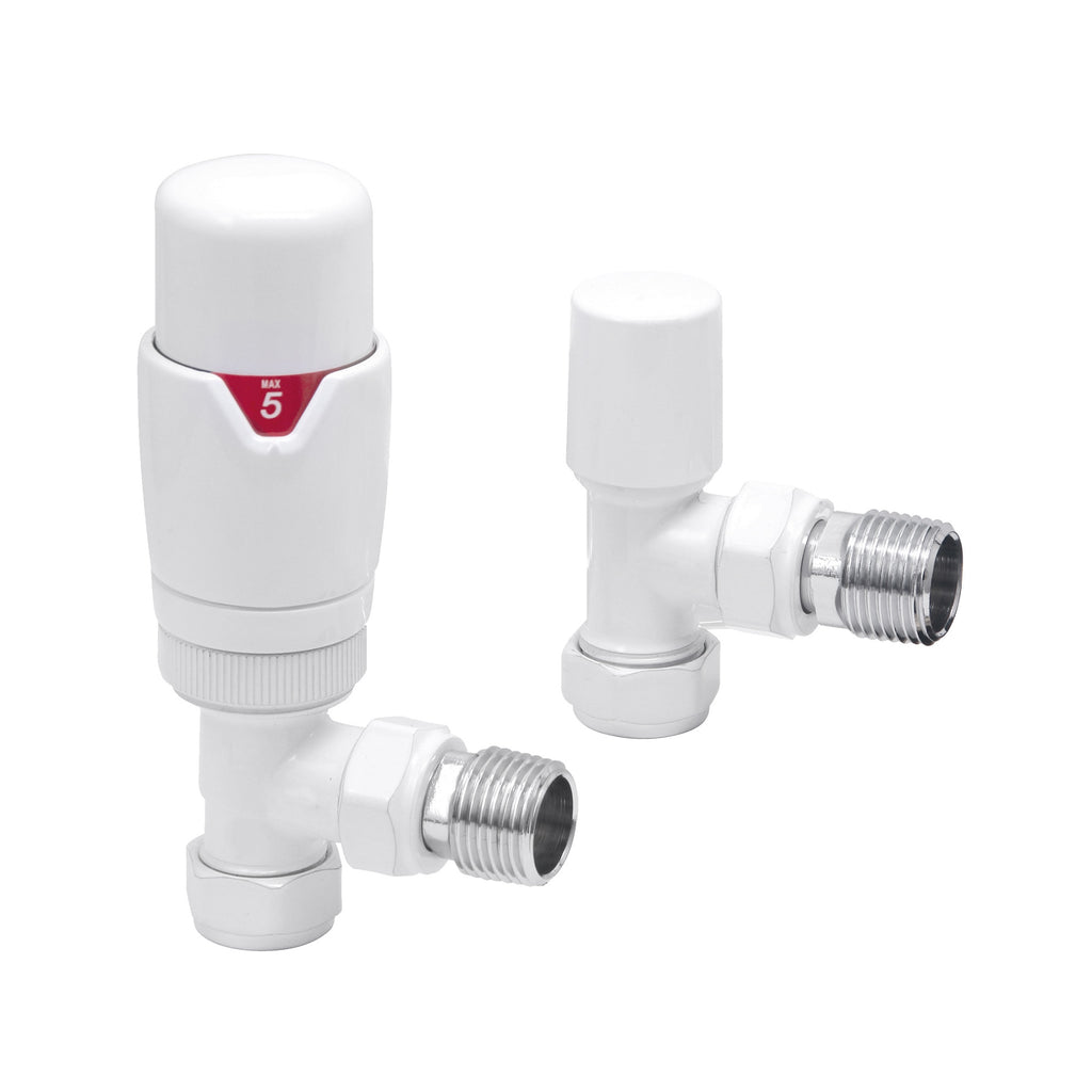 White Angled Thermostatic Radiator Valve (TRV) with Lockshield, 15mm x 1/2" BSP Connection