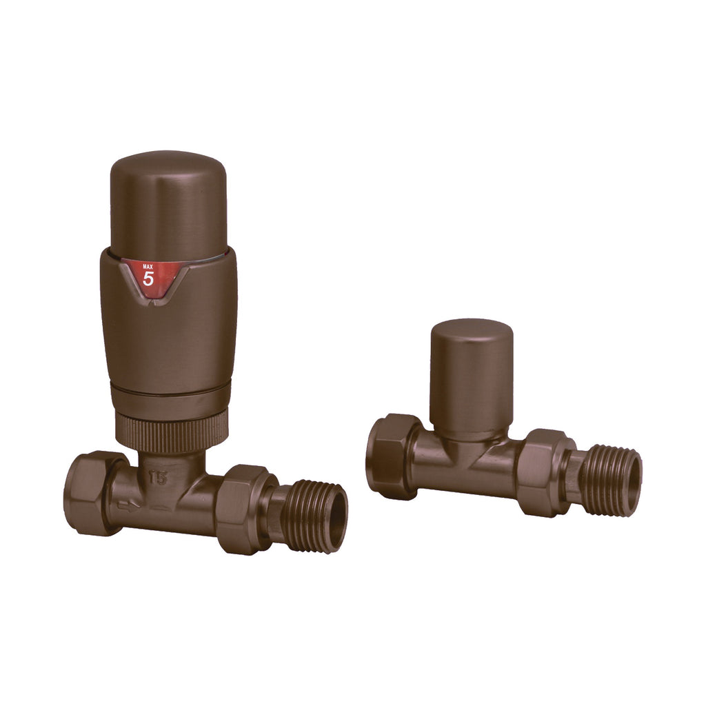 Brushed Bronze Thermostatic Radiator Valve (TRV) & Lockshield Set - Straight - 15mm x 1/2" - Premium Brass for UK Heating Systems