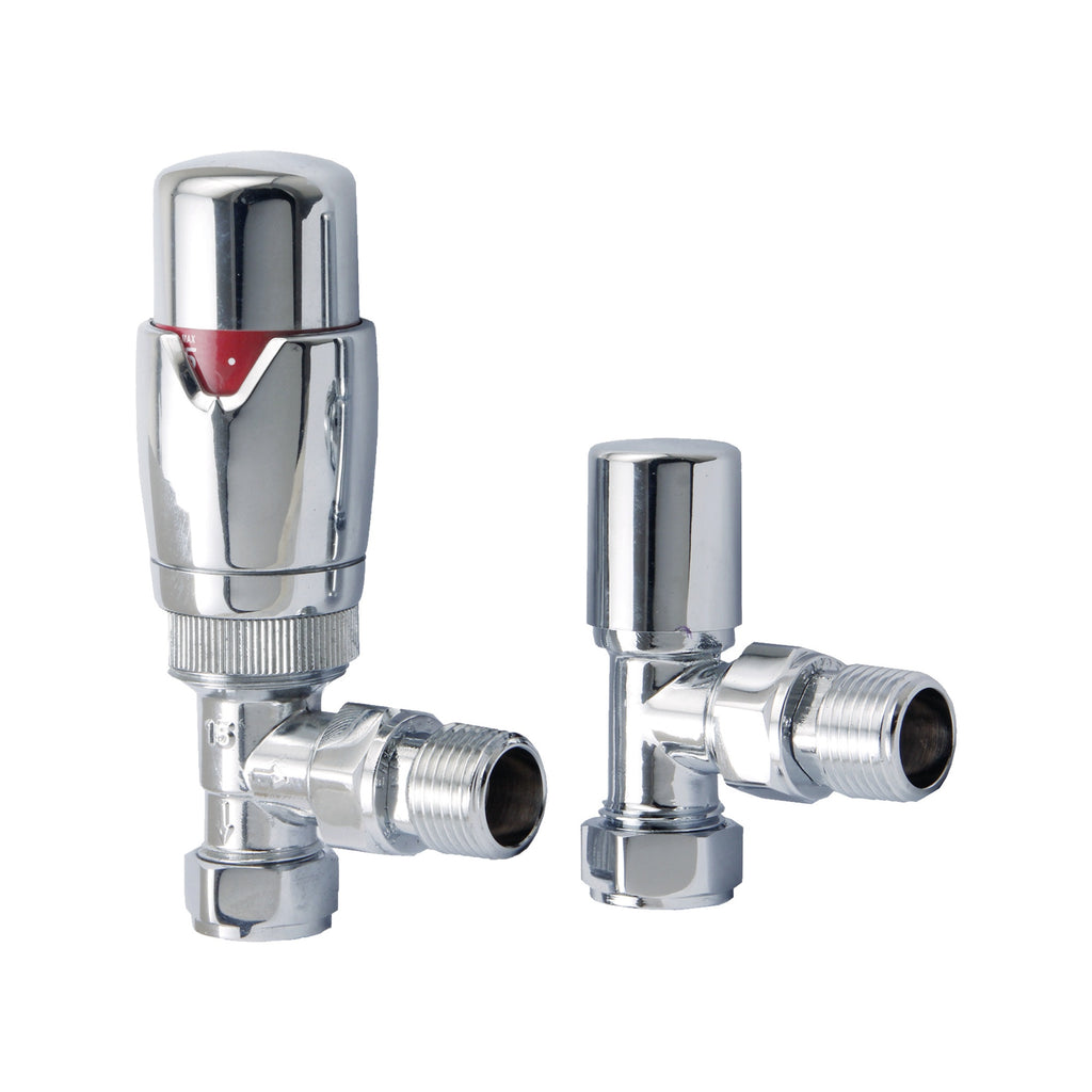 FNX Bathrooms Chrome Angled Thermostatic Radiator Valve (TRV) with Lockshield 15mm x 1/2" BSP