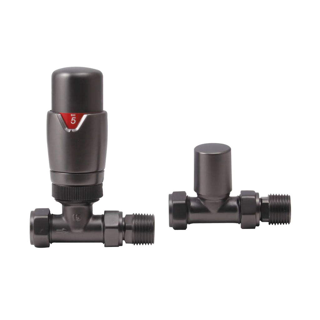 Premium Gunmetal Thermostatic Radiator Valve (TRV) with Lockshield - Straight 15mm Pipe x 1/2" BSP Connection