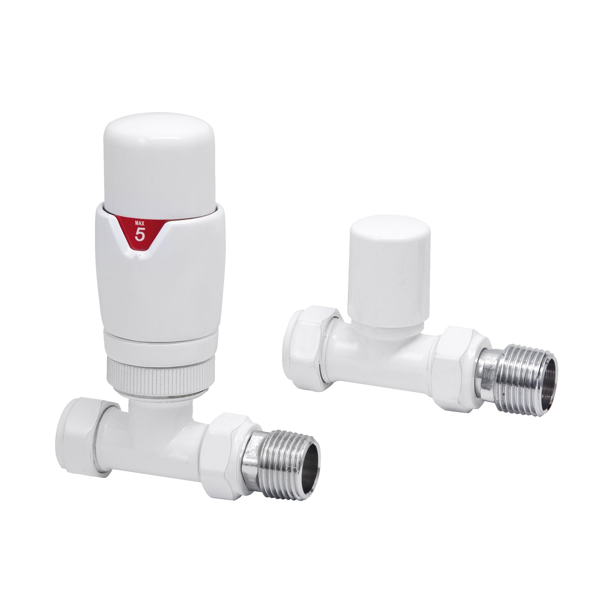 White Thermostatic Radiator Valve (TRV) & Lockshield Set - Straight, 15mm x 1/2" BSP Compression