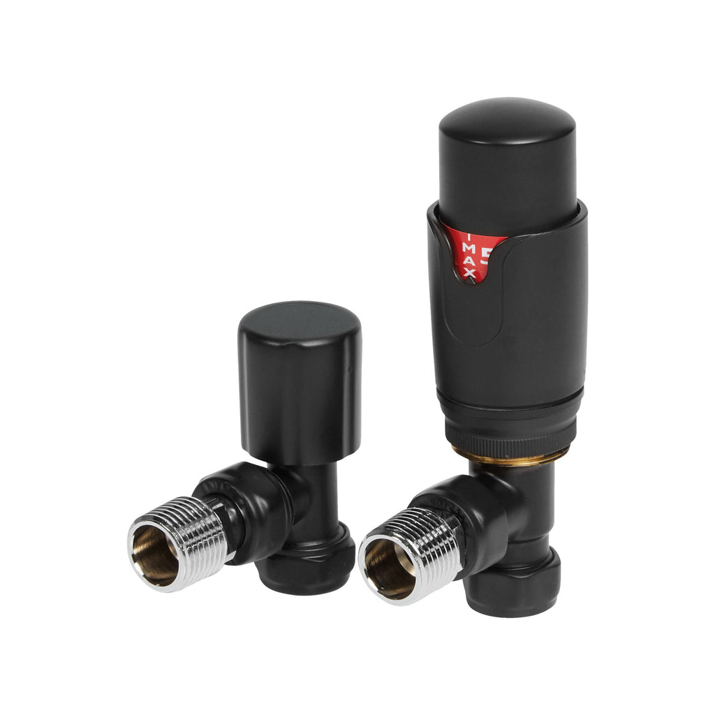 Black Angled Thermostatic Radiator Valve (TRV) & Lockshield Kit - 15mm x 1/2" BSP - Modern Brass Finish