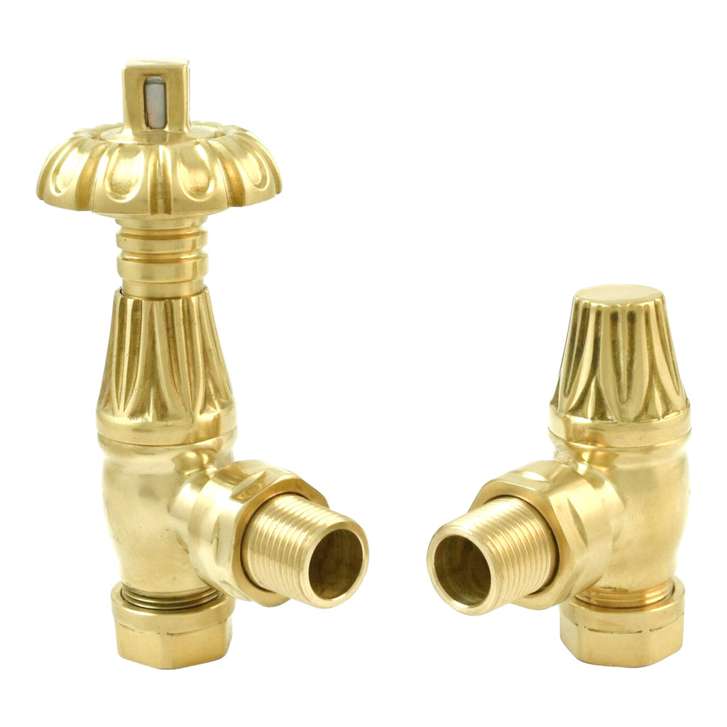 Westminster Angled Thermostatic Radiator Valve & Lockshield Set - Polished Brass, 1/2" x 15mm Connection