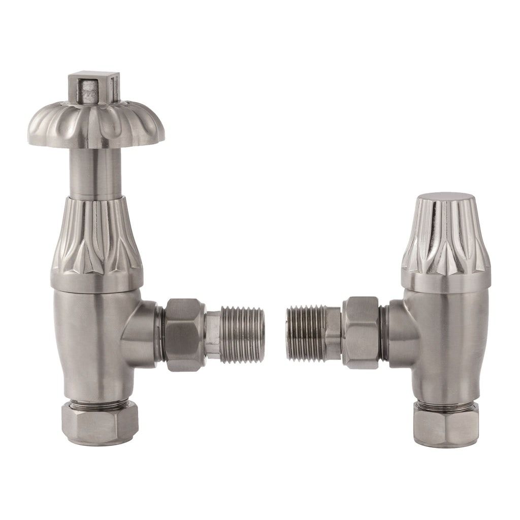 Westminster Traditional Angled Thermostatic Radiator Valve Set with 1/2 inch x 15mm Connections, Satin Nickel