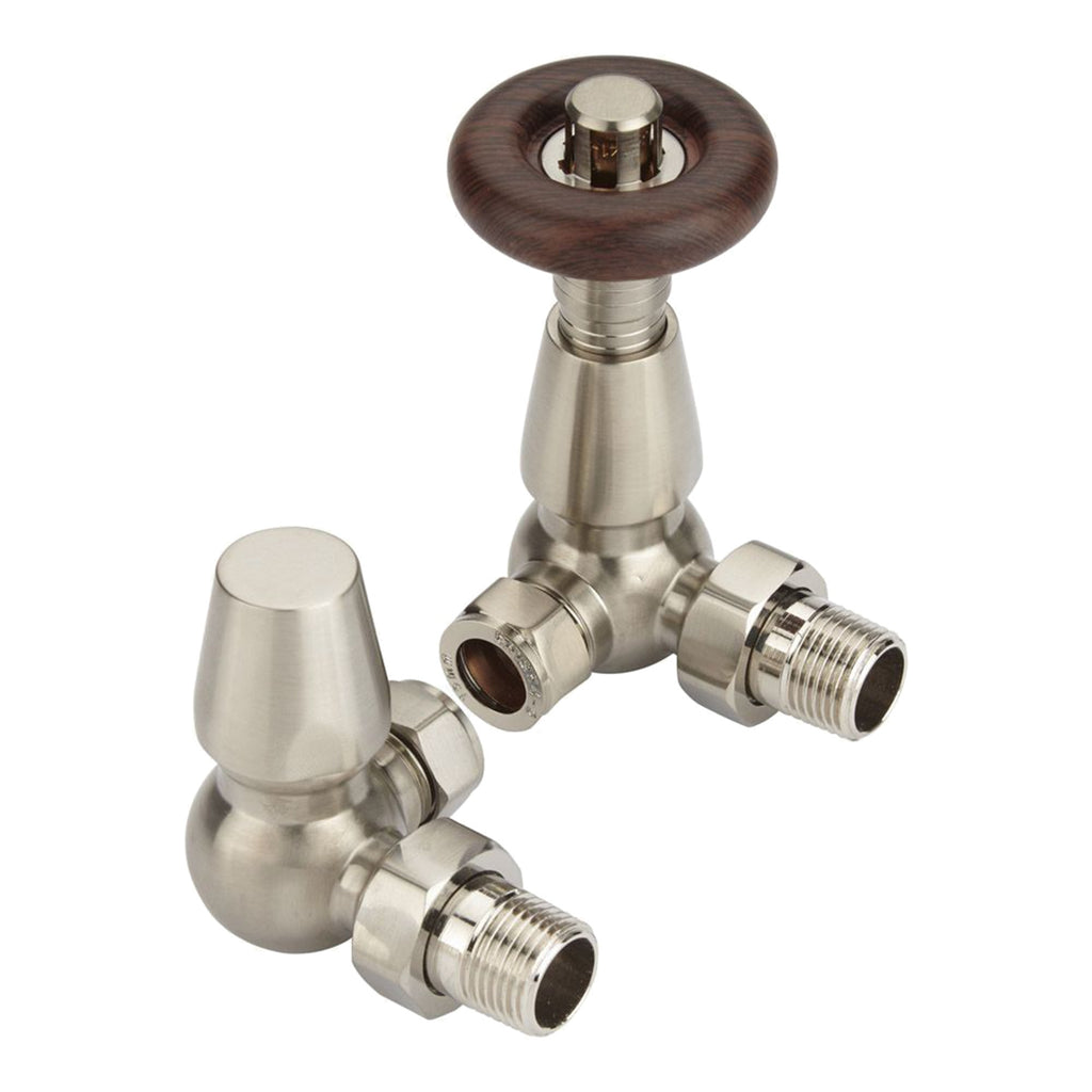 Traditional Thermostatic Radiator Valves with Lockshield, Satin Nickel Corner, 15mm x 1/2" UK Standard Pair