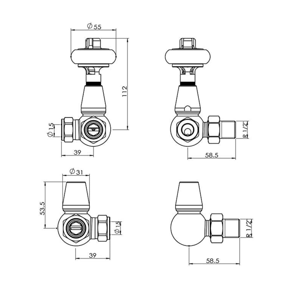 Traditional Thermostatic Radiator Valves with Lockshield, Satin Nickel Corner, 15mm x 1/2" UK Standard Pair