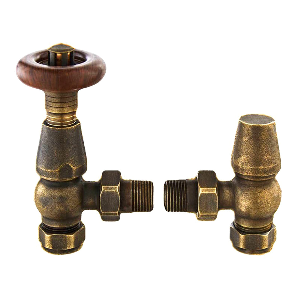 Traditional Angled Thermostatic Radiator Valve Pair with Lockshield, Antique Brass, 1/2" x 15mm