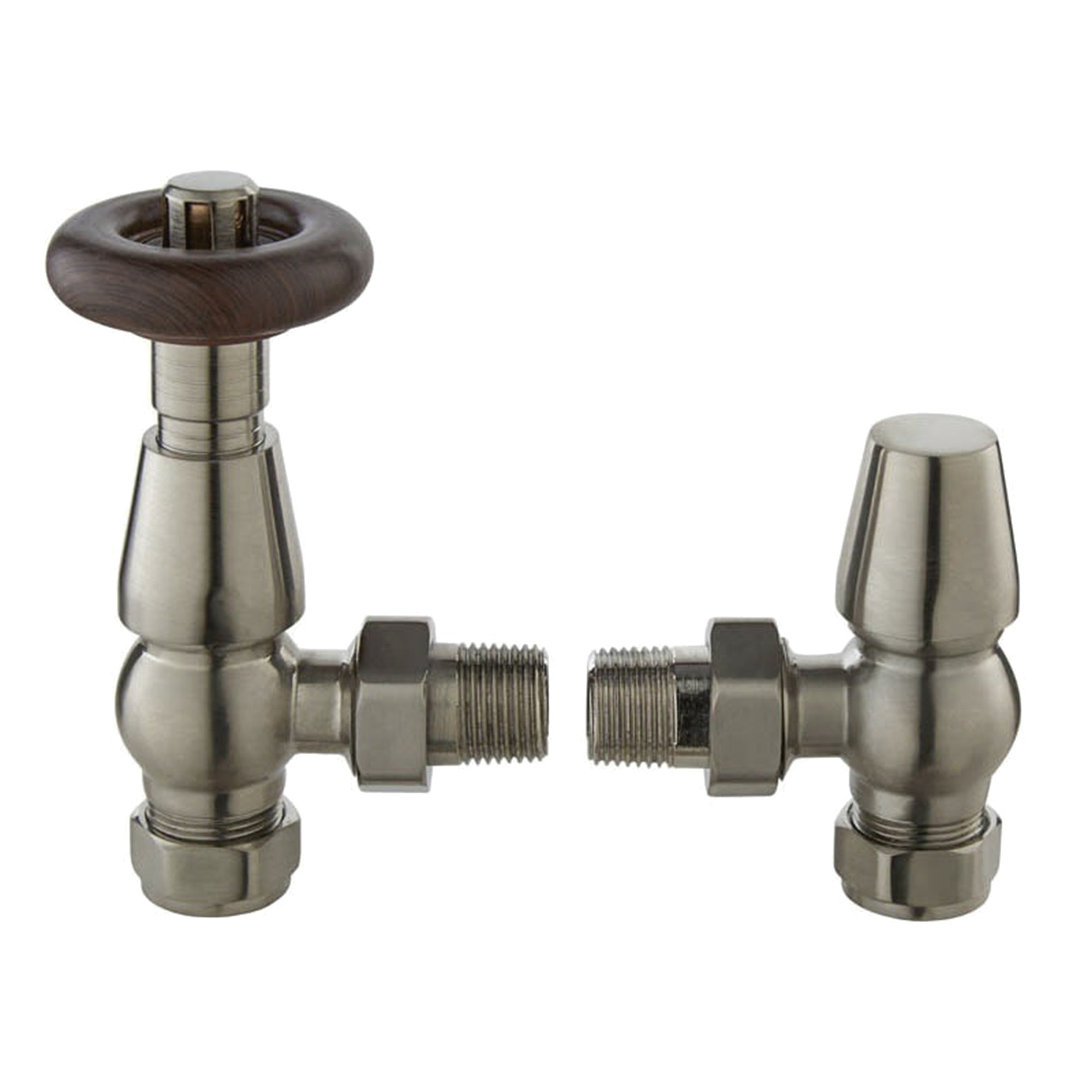 Traditional Angled Thermostatic Radiator Valve & Lockshield Set, Satin Nickel with Wooden Head, 1/2" x 15mm