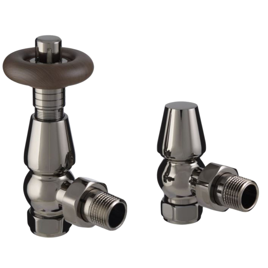 Traditional Black Nickel Angled Thermostatic Radiator Valves - 1/2" x 15mm Pipe Connection, with Classic Wood-Effect Handle