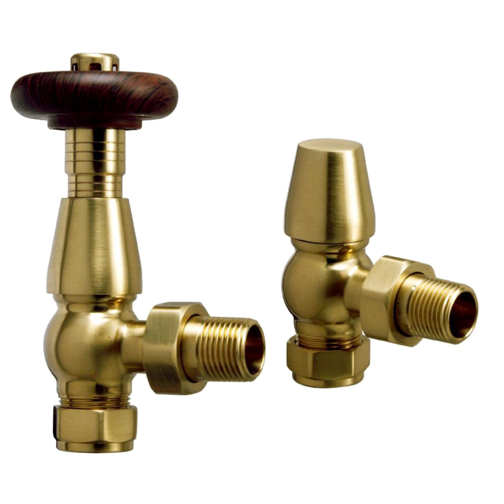 Traditional Thermostatic Radiator Valve & Lockshield Set 1/2" x 15mm - Angled Brushed Brass UK Made