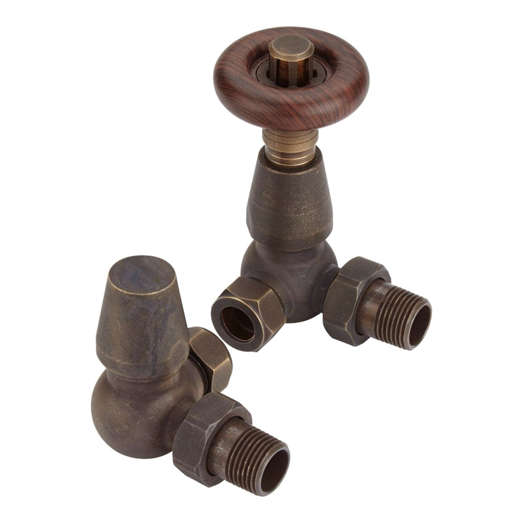 Traditional Antique Brass Corner TRV & Lockshield Radiator Valve Set - 1/2" x 15mm for Classic Interiors
