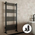 Matt Black 500x1200mm Heated Towel Rail Radiator with Straight Thermostatic Valves