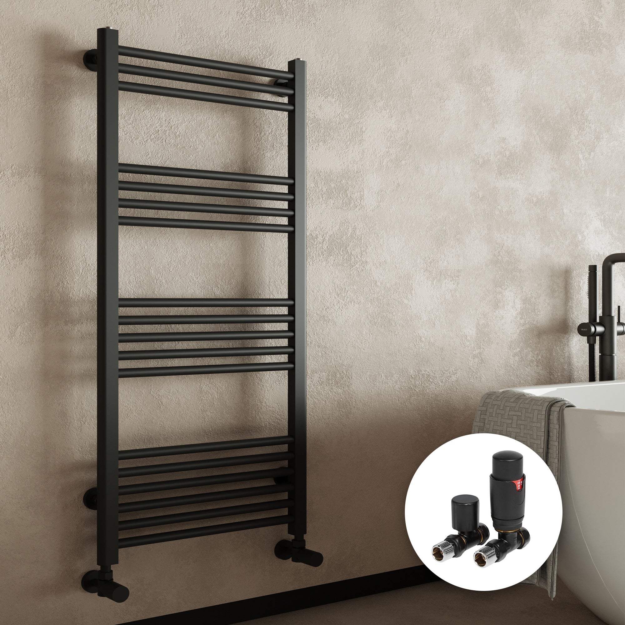 Matt Black 500x1200mm Heated Towel Rail Radiator with Straight Thermostatic Valves