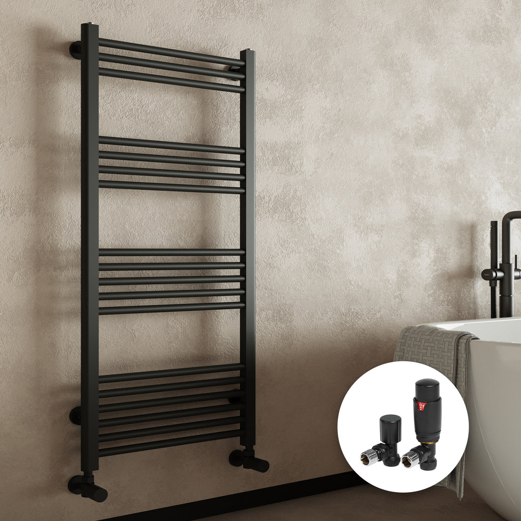 FNX Matt Black 600x800mm Straight Heated Towel Rail Radiator with Angled Thermostatic Valves for Bathrooms