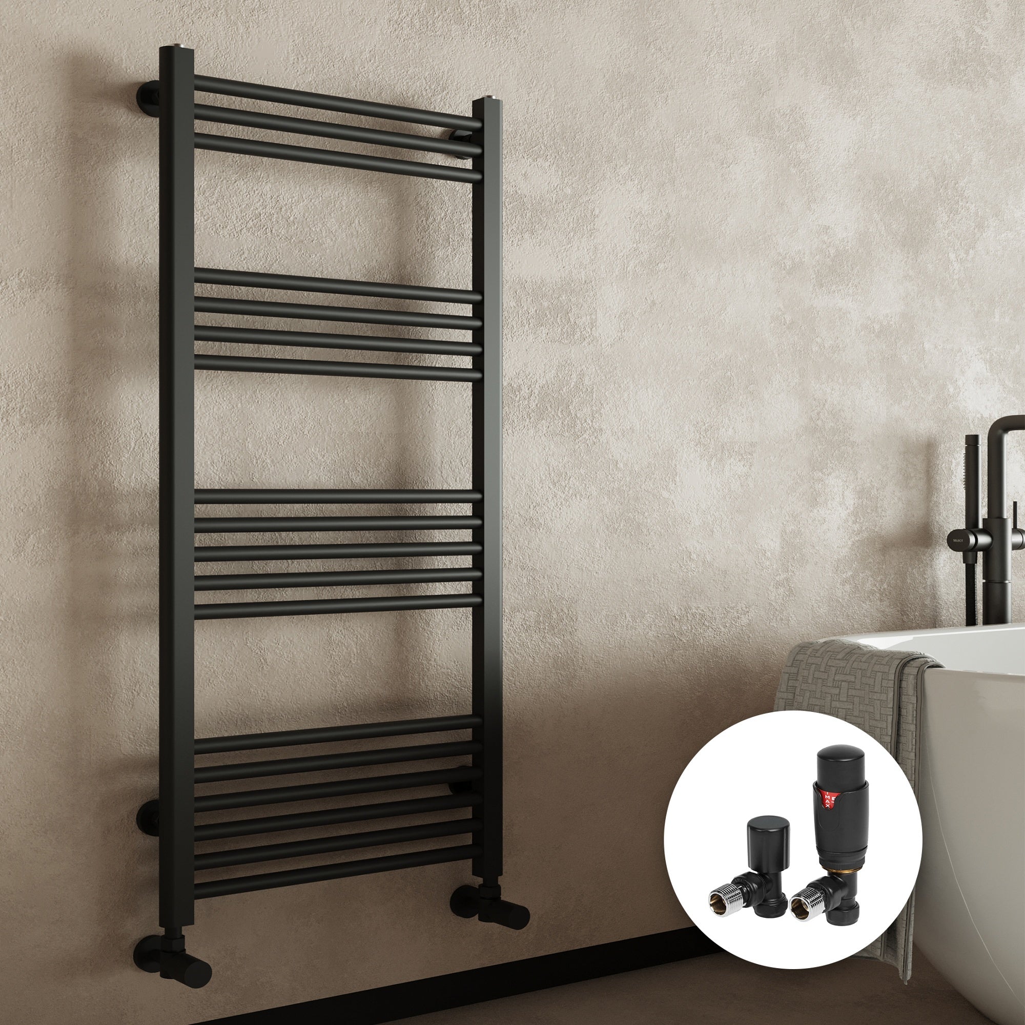 FNX Matt Black 600x800mm Straight Heated Towel Rail Radiator with Angled Thermostatic Valves for Bathrooms