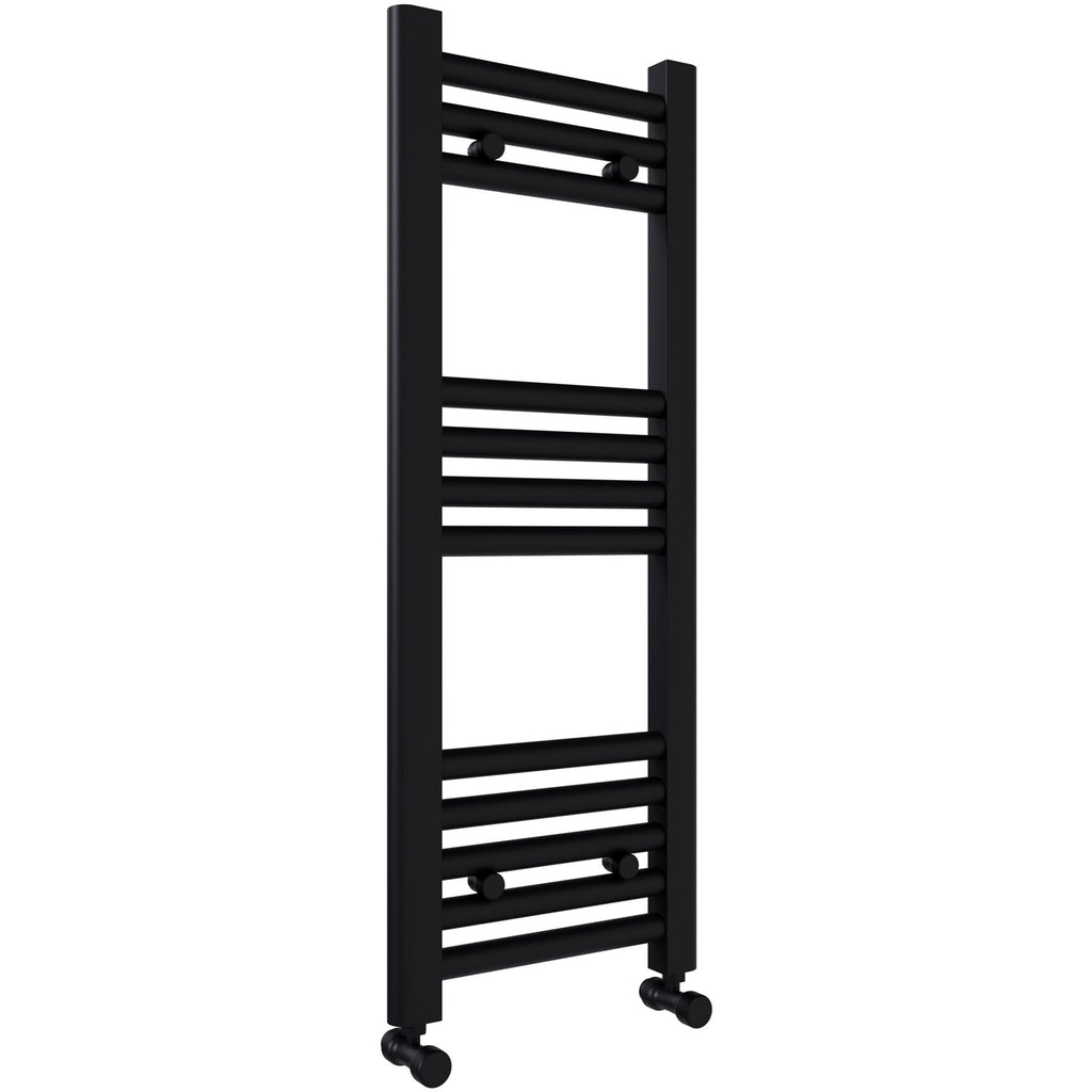 FNX Matt Black 600x800mm Straight Heated Towel Rail Radiator with Angled Thermostatic Valves for Bathrooms