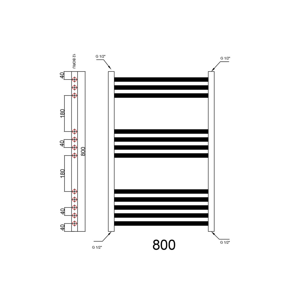 FNX Matt Black 600x800mm Straight Heated Towel Rail Radiator with Angled Thermostatic Valves for Bathrooms