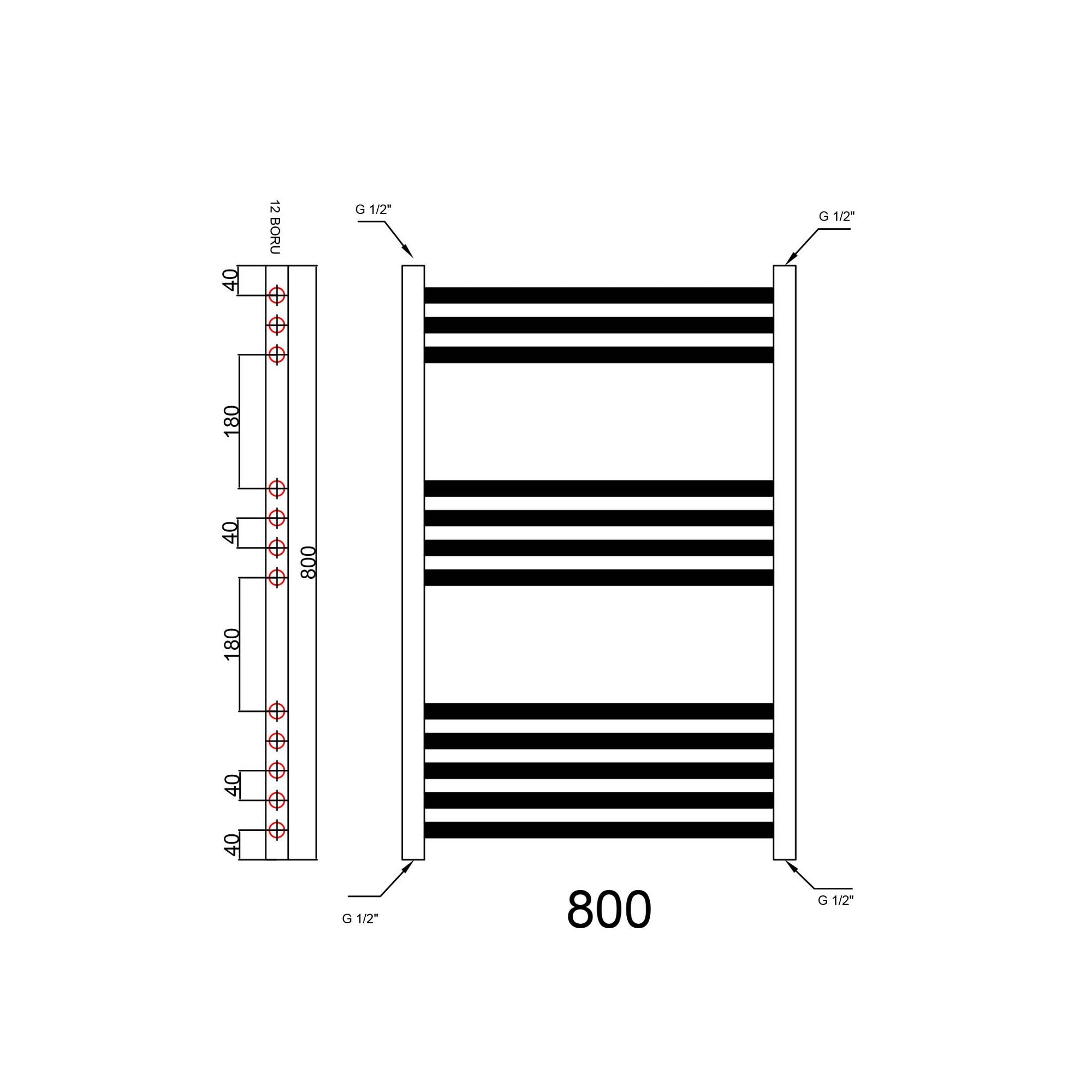 FNX Matt Black 600x800mm Straight Heated Towel Rail Radiator with Angled Thermostatic Valves for Bathrooms