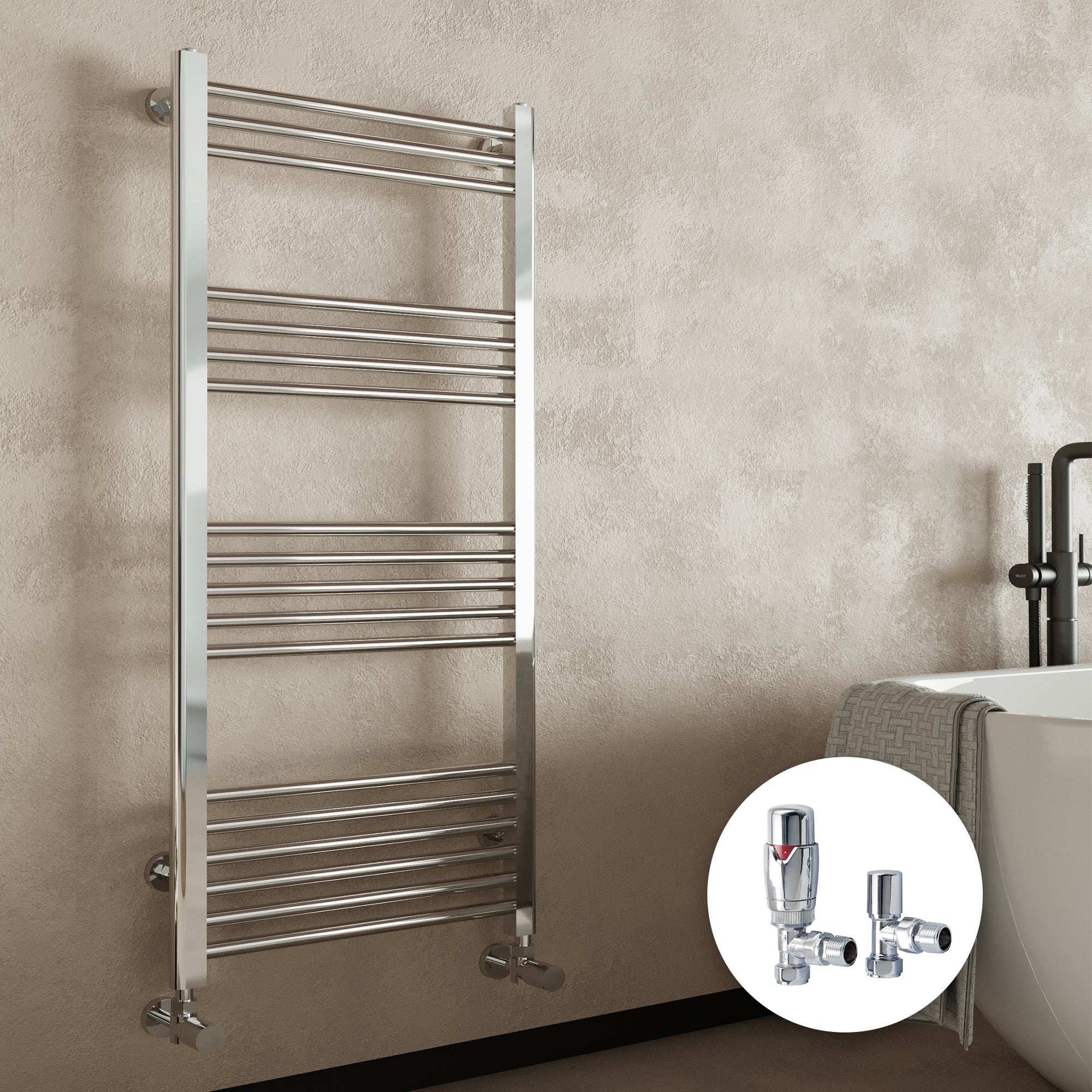FNX Bathrooms Chrome Straight Heated Towel Rail Radiator 300x1400mm with Angled Thermostatic Valves