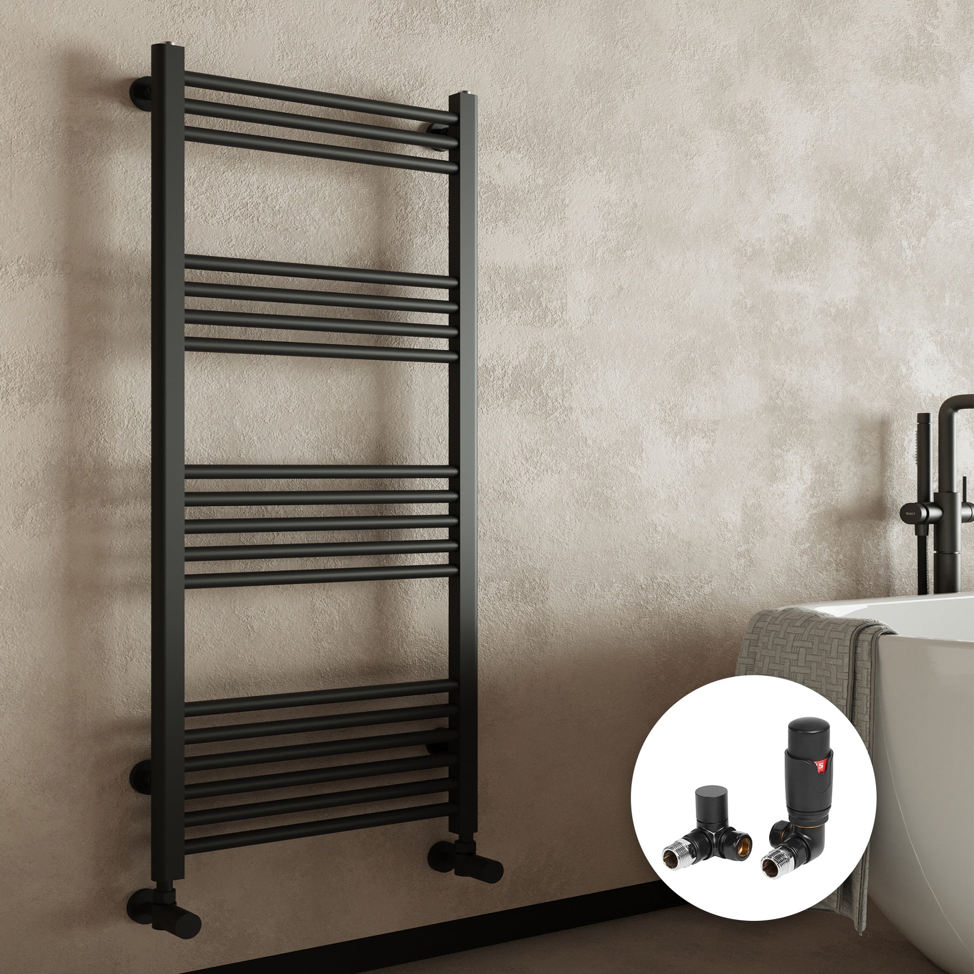 FNX Bathrooms Matt Black 500x800mm Straight Heated Towel Rail Radiator with Corner Thermostatic Valves