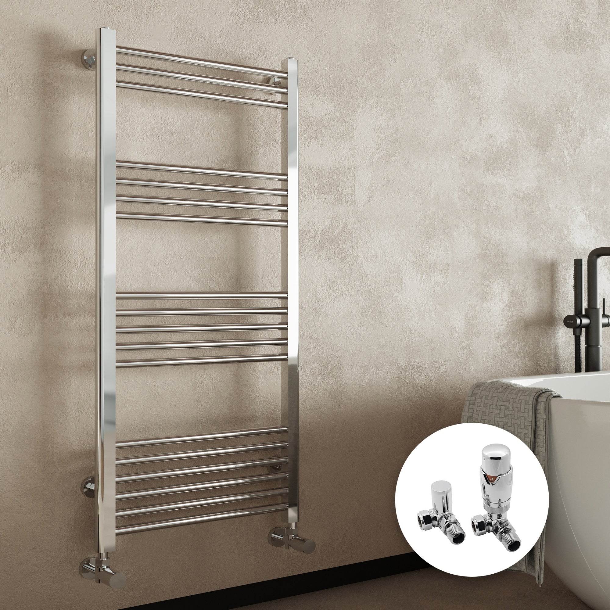 FNX Bathrooms Chrome Heated Towel Rail Radiator 300x1000mm with Corner TRV Valves