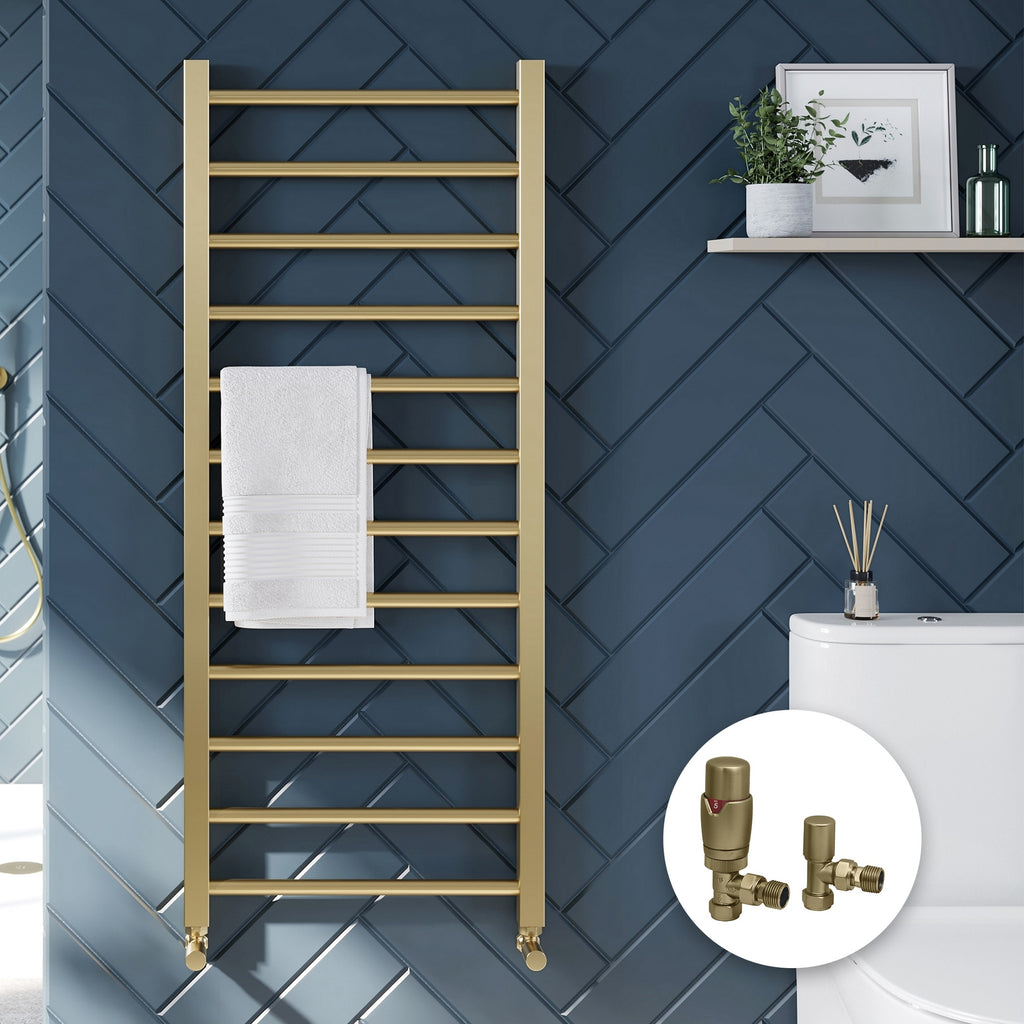 Brushed Brass Heated Towel Rail Radiator 500 x 1200mm with Angled Thermostatic Valves