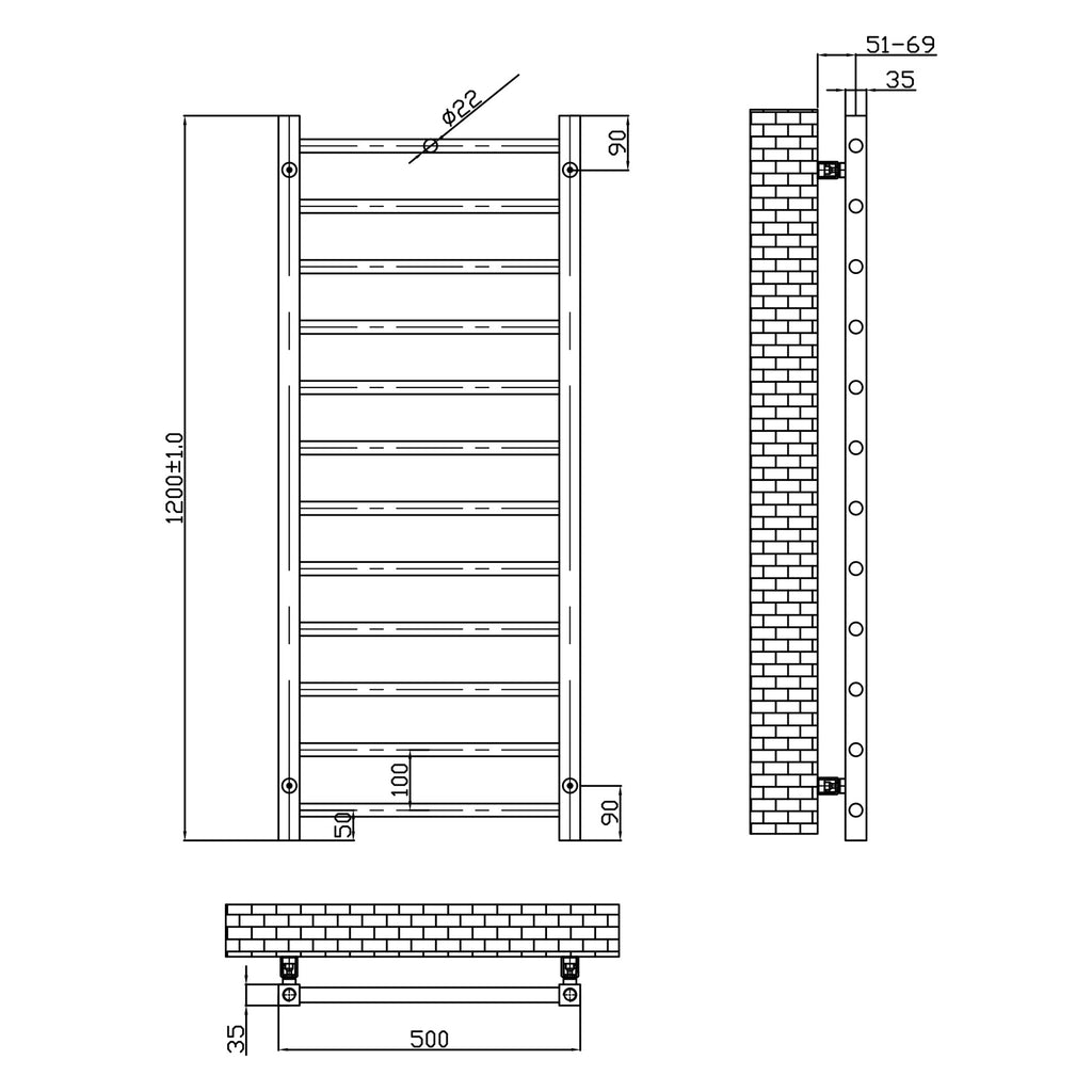 Brushed Brass Heated Towel Rail Radiator 500 x 1200mm with Angled Thermostatic Valves