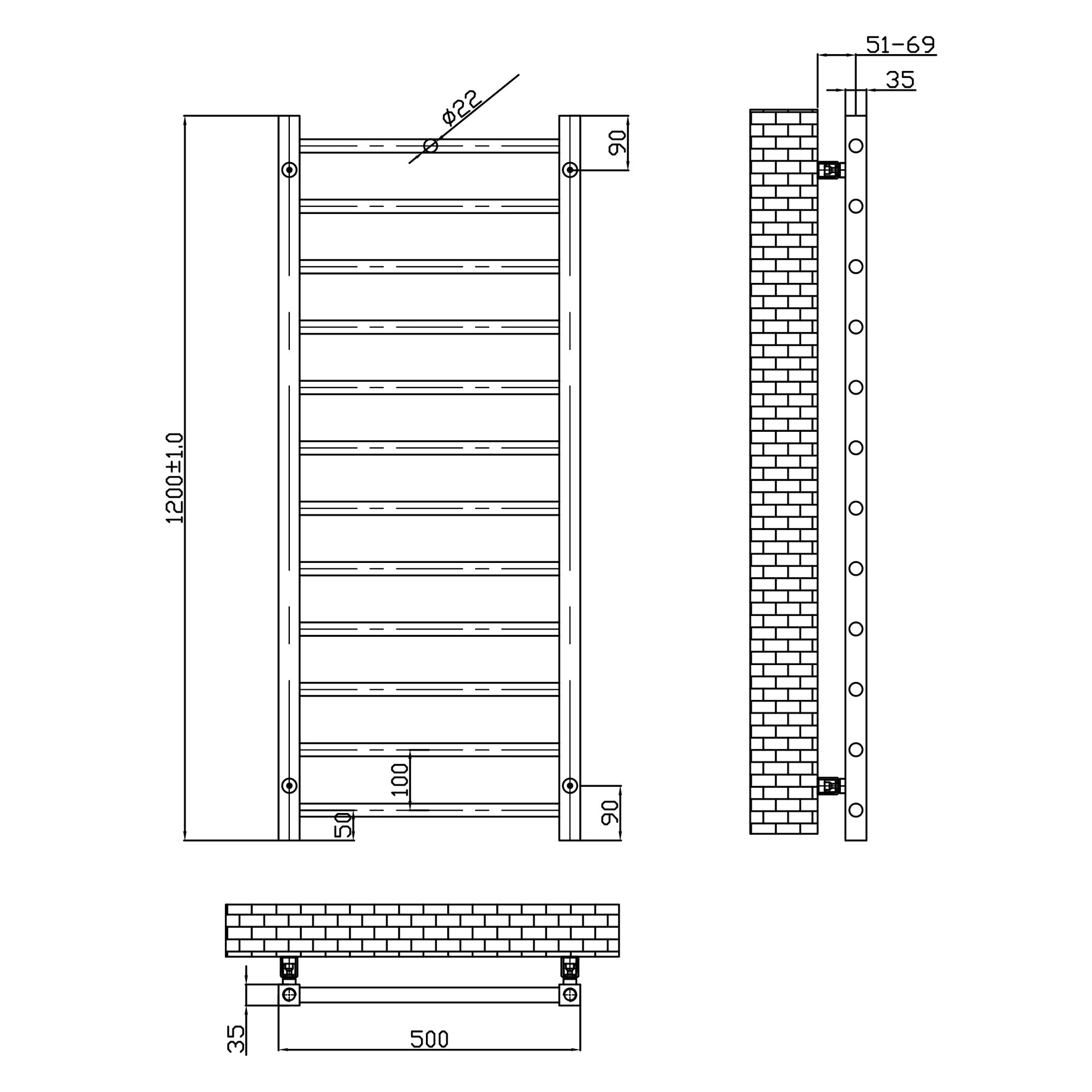 Brushed Brass Heated Towel Rail Radiator 500 x 1200mm with Angled Thermostatic Valves