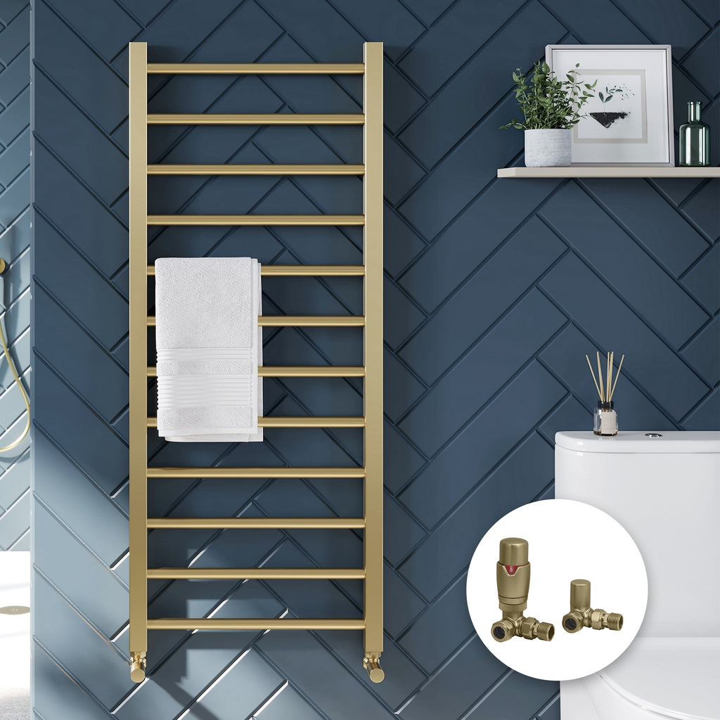 Brushed Brass Heated Towel Radiator 1600x500mm with Corner Thermostatic Valves - Modern Bathroom Heating