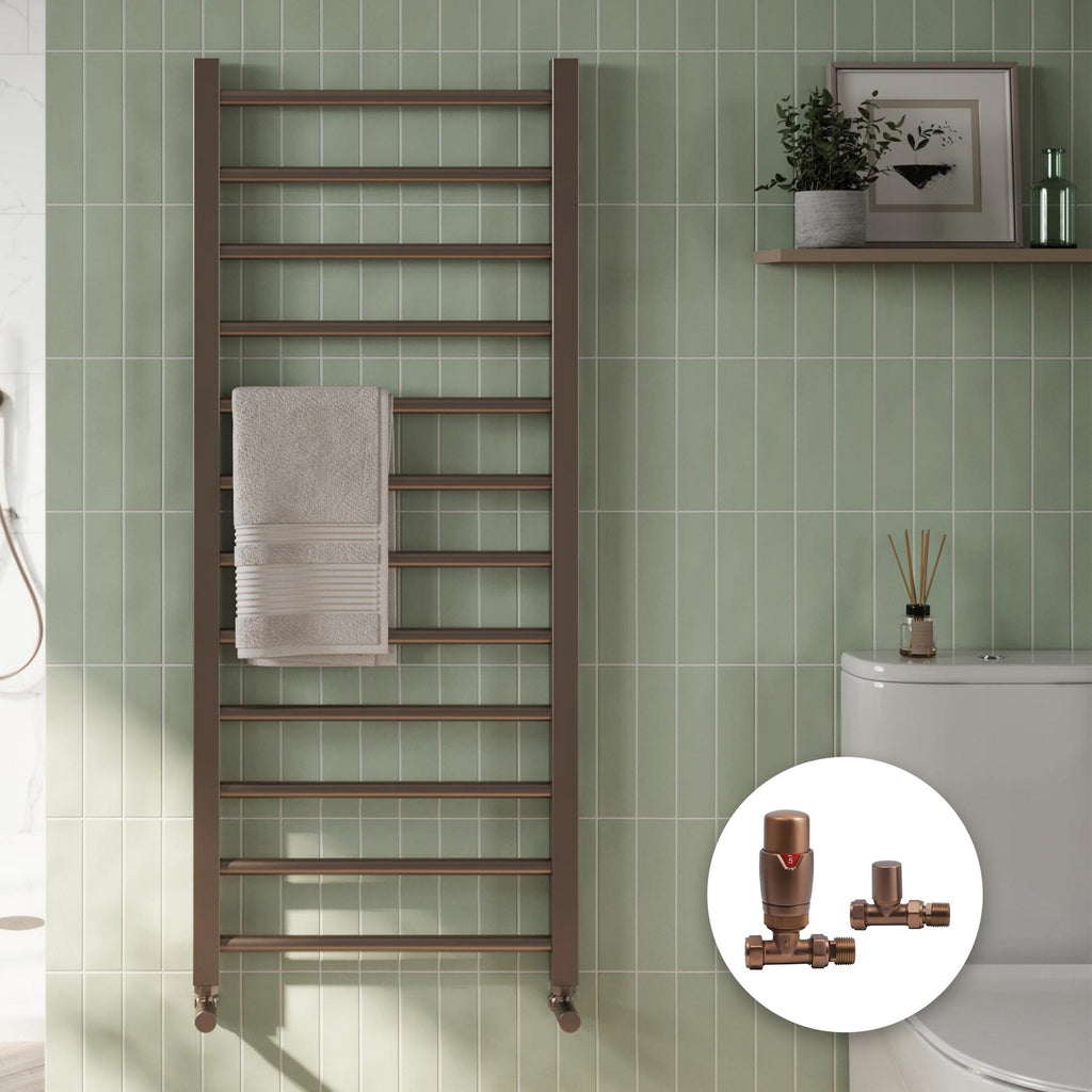 Brushed Bronze Heated Towel Radiator with Thermostatic Valves - 500x800mm Modern Flat Panel