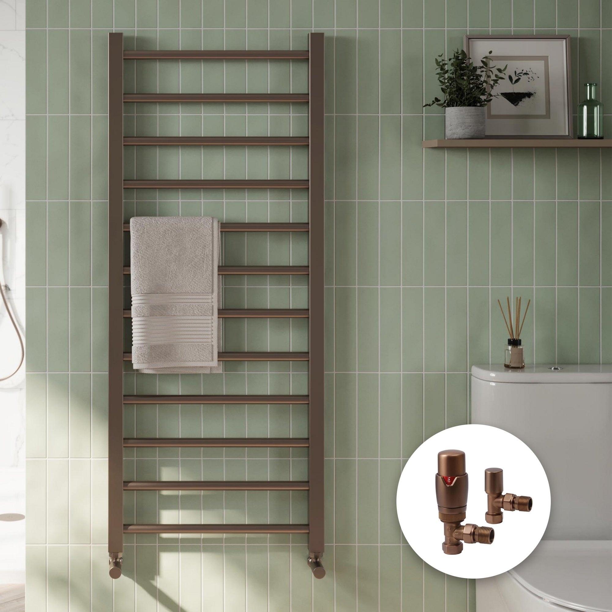 Brushed Bronze Heated Towel Radiator 800x500mm with Angled Thermostatic Valves