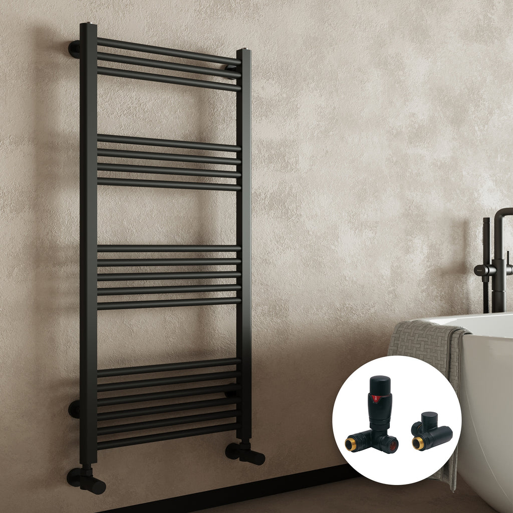 Modern Matt Black 600x1600mm Heated Towel Rail Radiator with Dual Fuel Thermostatic Corner Valves