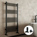 Modern Matt Black 600x1600mm Heated Towel Rail Radiator with Dual Fuel Thermostatic Corner Valves