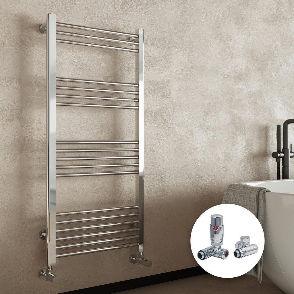 FNX Chrome Heated Towel Rail Radiator 400x1600mm with Dual Fuel Thermostatic Corner Valves for Bathrooms
