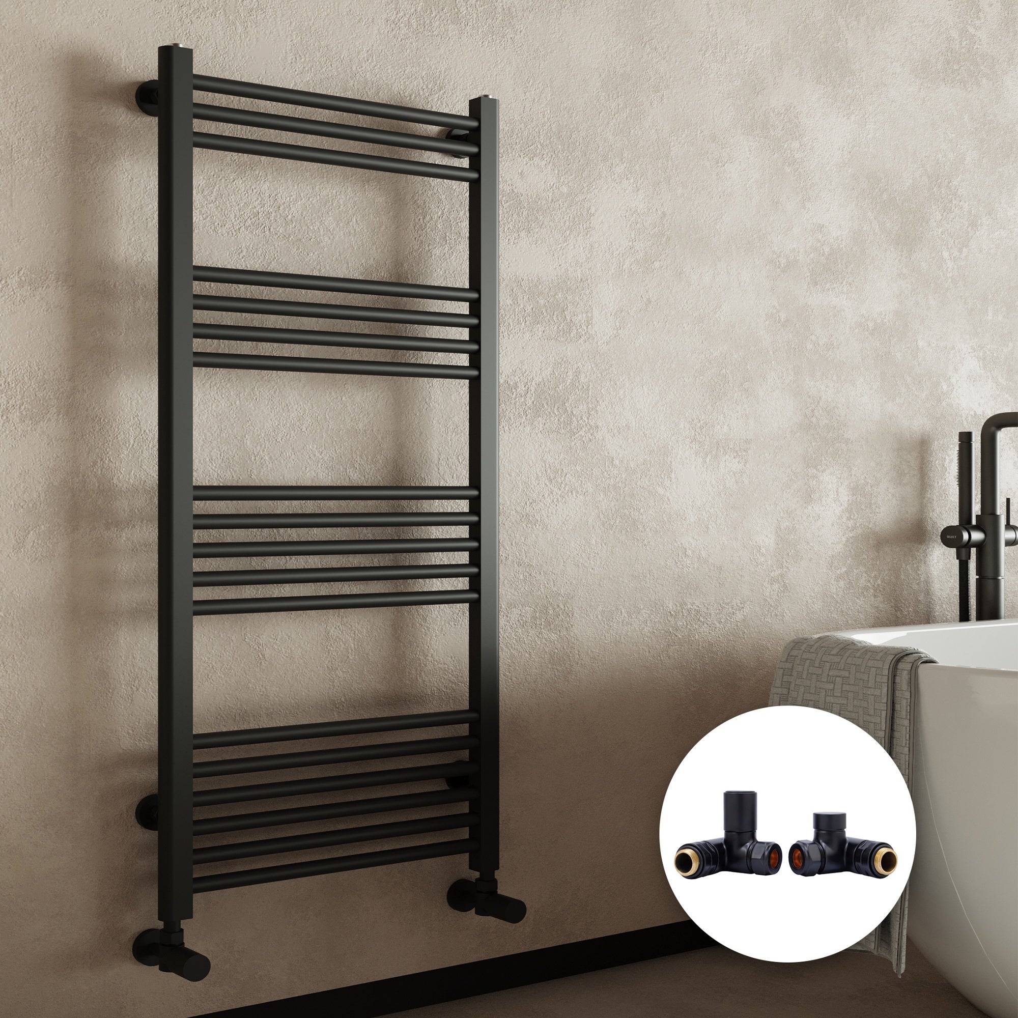 Matt Black Heated Towel Rail Radiator 400x1600mm with Dual Fuel Corner Valves - Perfect for Bathrooms