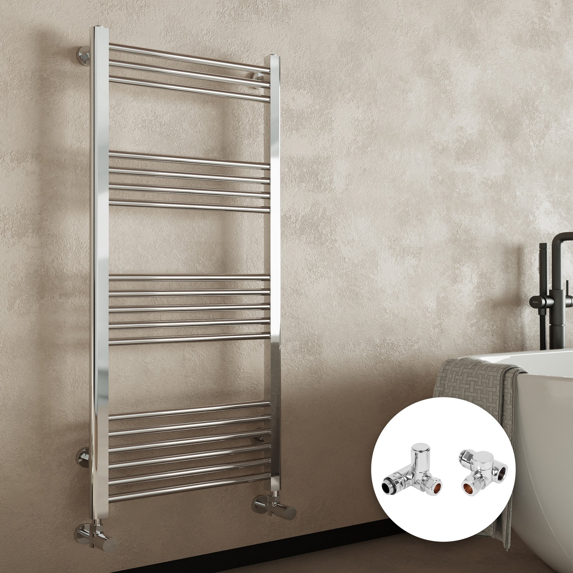 FNX Bathrooms 1800x500mm Polished Chrome Heated Towel Rail Radiator with Dual Fuel Manual Corner Valves