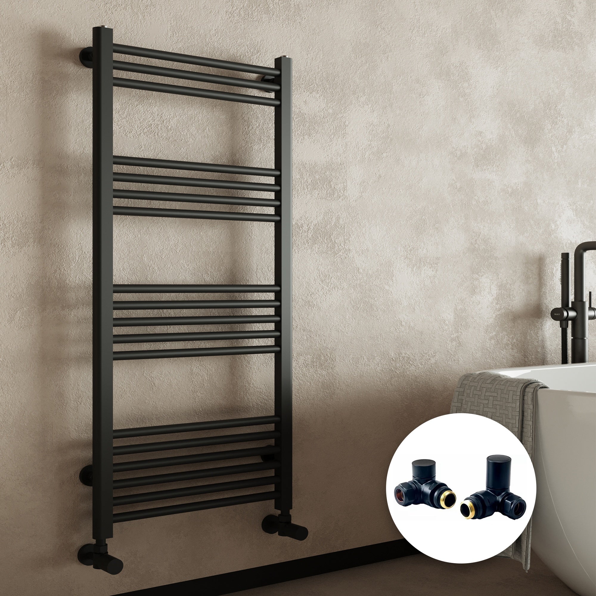 Sleek Matt Black Vertical Heated Towel Rail Radiator 300 x 1200mm with Corner Manual Valves - Perfect for Modern Bathrooms