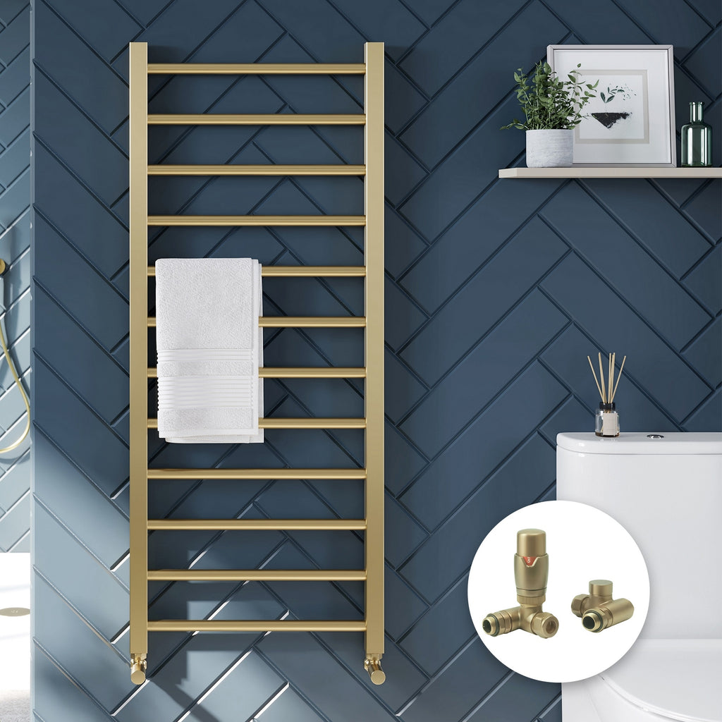 Brushed Brass 500x1200mm Heated Towel Rail & Dual Fuel Thermostatic Valves