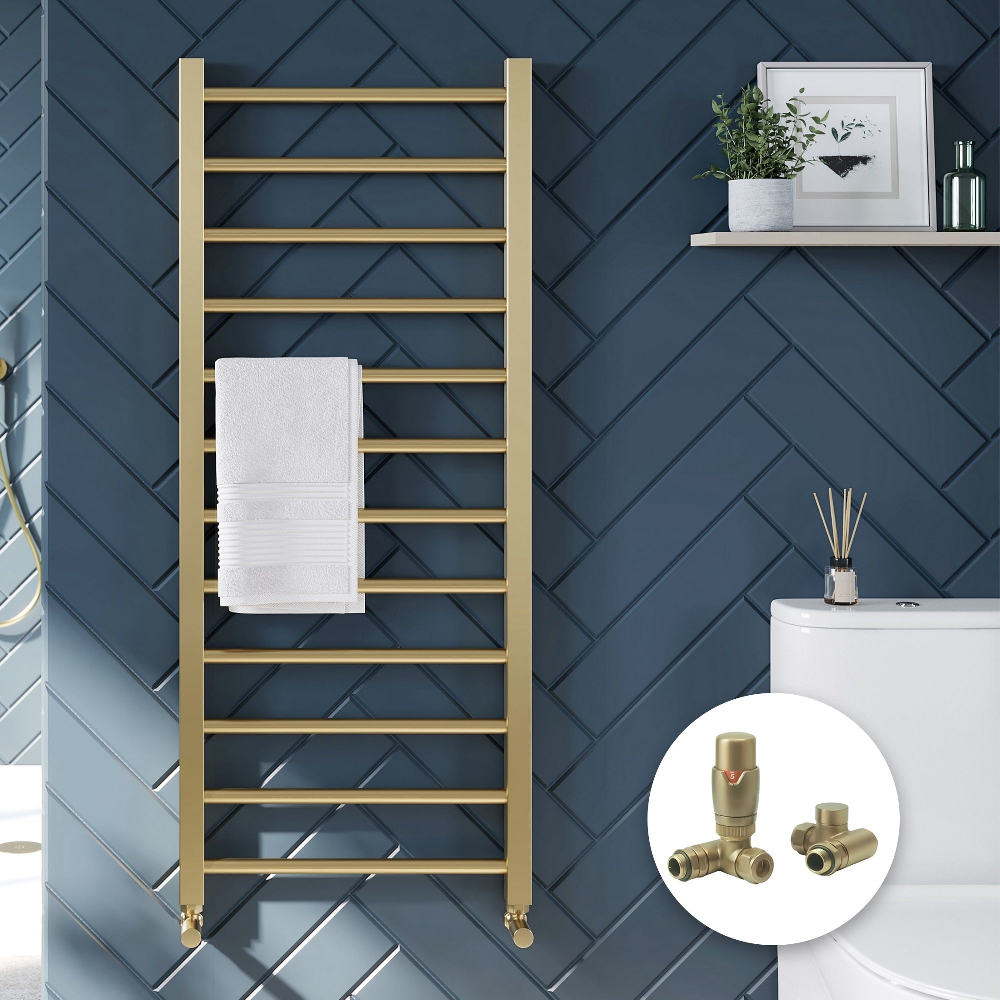 Brushed Brass 500x1200mm Heated Towel Rail & Dual Fuel Thermostatic Valves