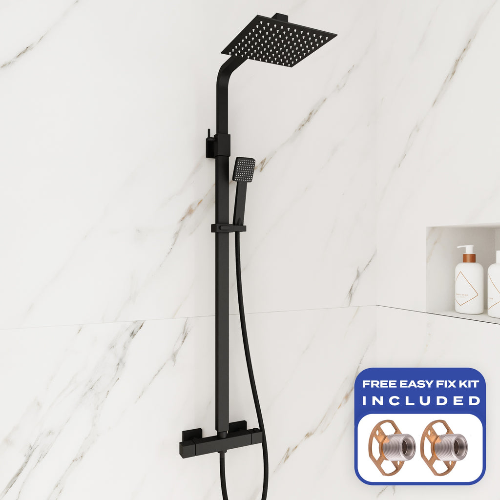 FNX Matt Black Modern Square Thermostatic Mixer Shower Kit with Dual Heads & Adjustable Riser