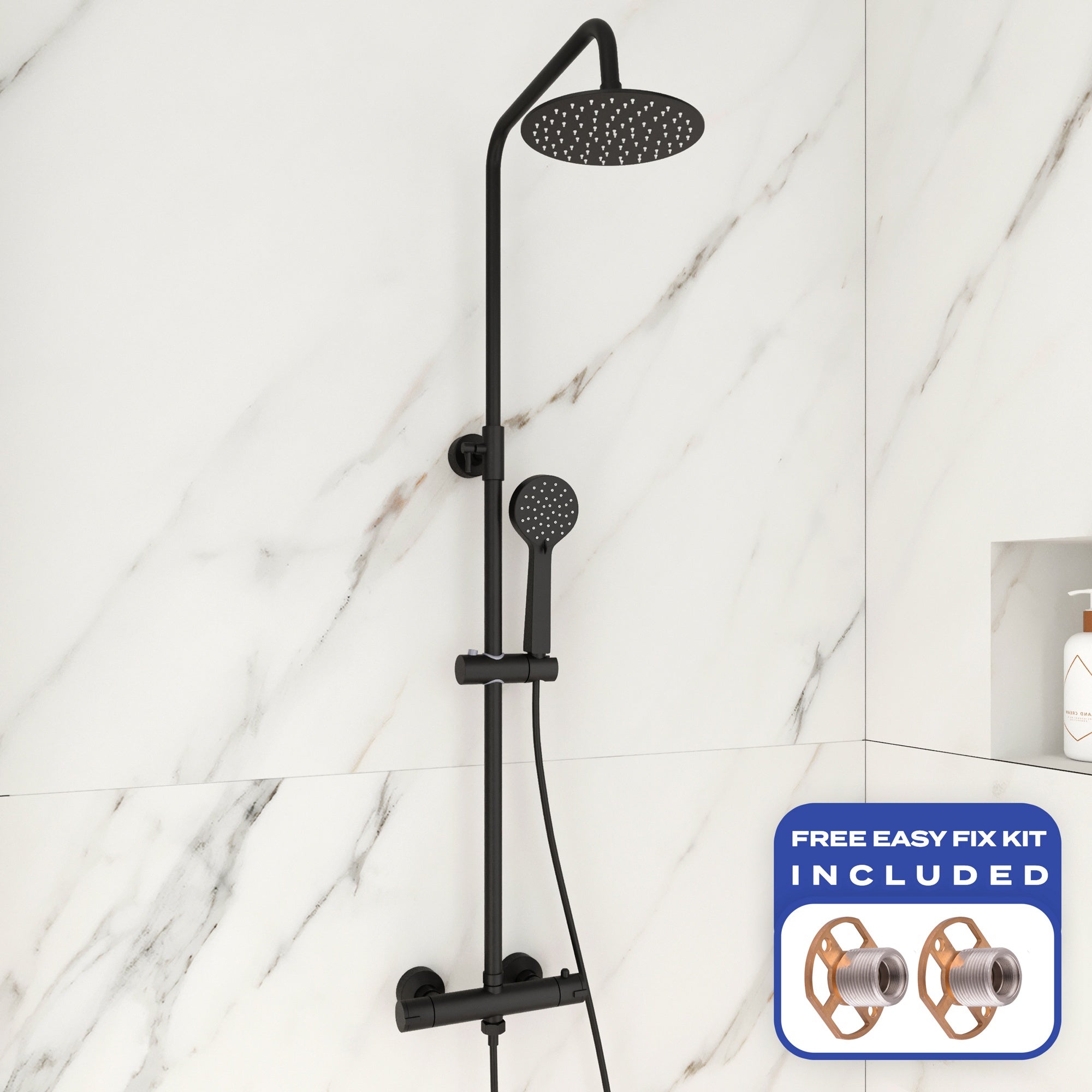 FNX Matt Black Exposed Thermostatic Mixer Shower, Round Rain Head & Handset with Anti-Scald