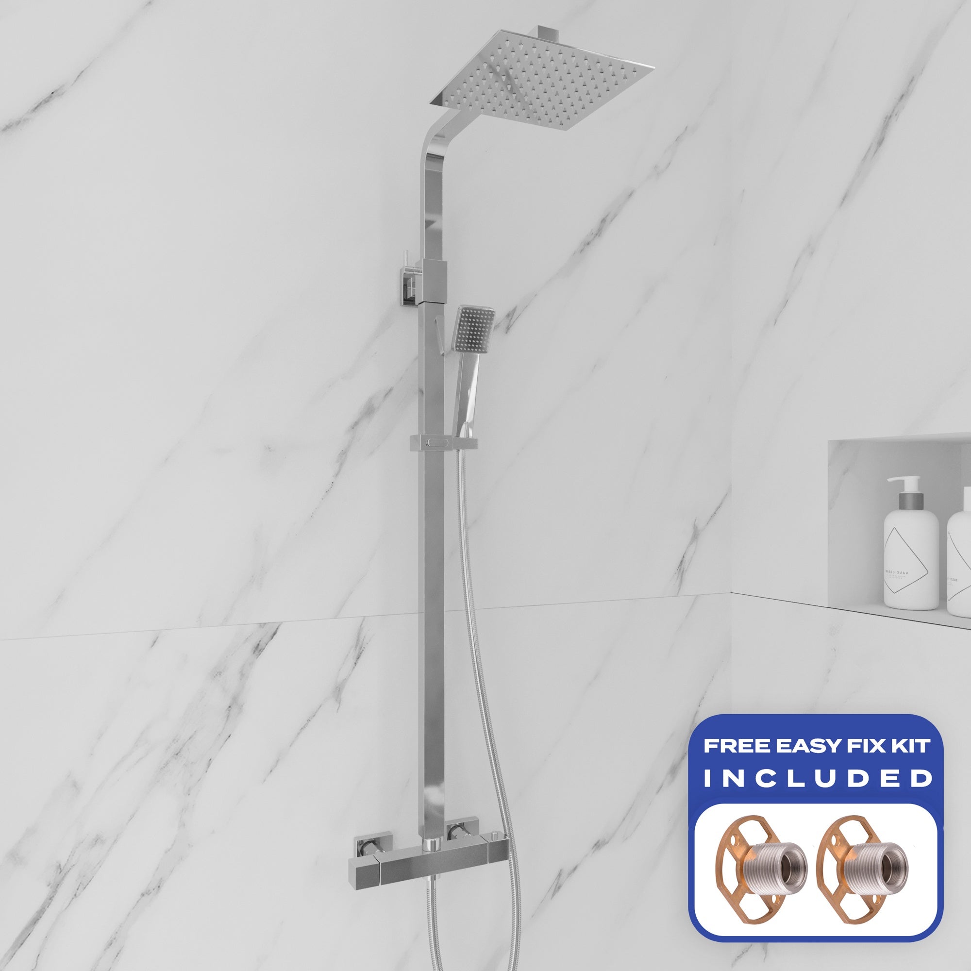 FNX Chrome Modern Thermostatic Exposed Shower Kit with Square Dual Heads