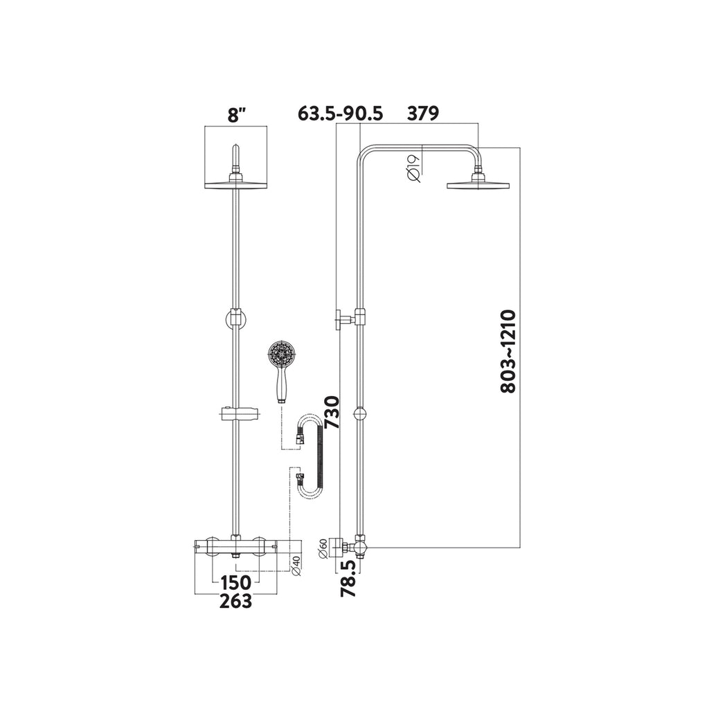 FNX Chrome Modern Exposed Thermostatic Mixer Shower Kit with Round Overhead & Handheld