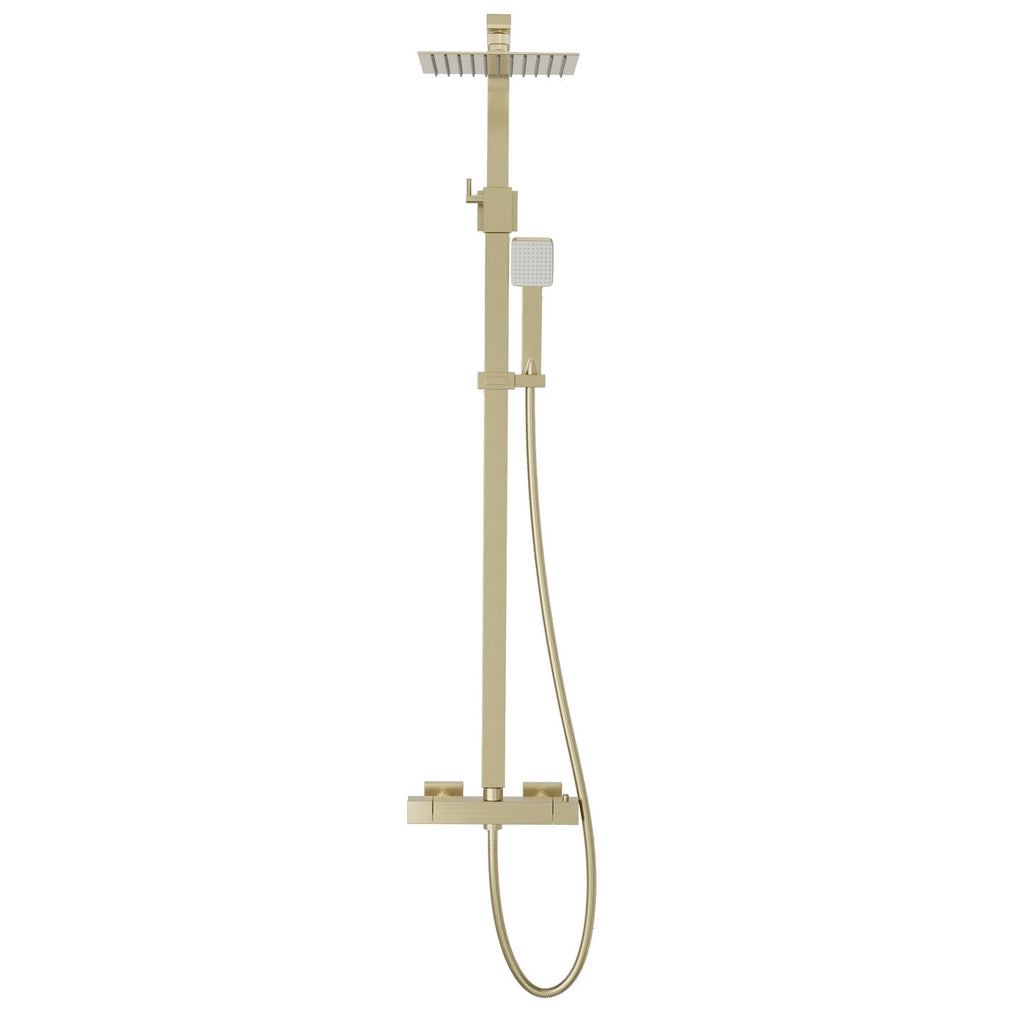 FNX Brushed Brass Modern Square Thermostatic Exposed Mixer Shower Kit with Dual Overhead & Handset